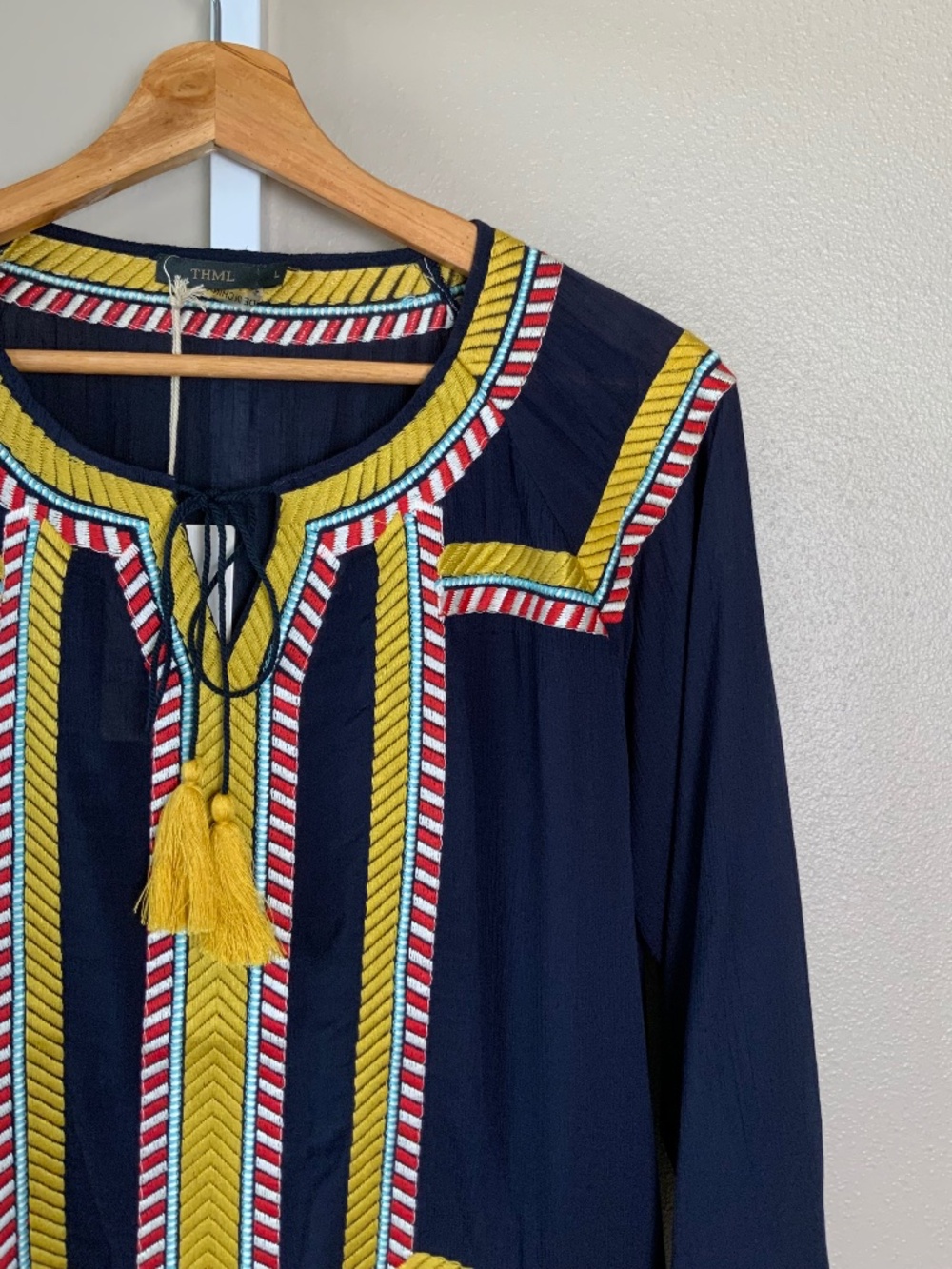 THML Embroidered Tassel Tie 3/4 Sleeve Top - Picture 6 of 16